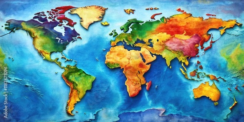 A vibrant colored map of the world with diverse geographical features and oceanic boundaries displayed in a beautiful artistic style , world map, illustration photo