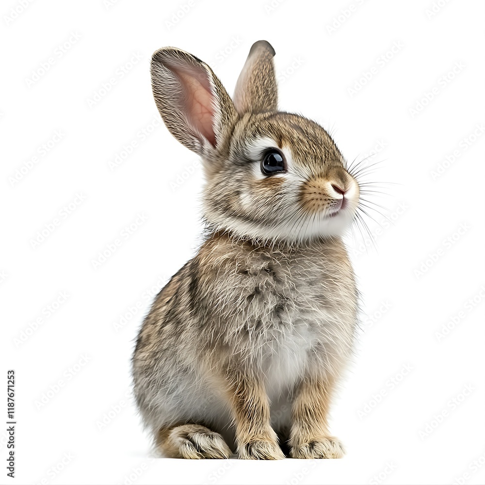 Fototapeta premium Cute baby bunny sitting, white background, springtime