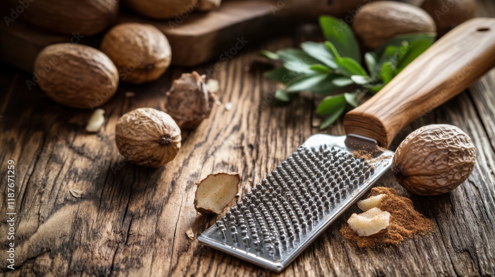 Close-Up of Nutmeg and Grater on Wooden Table Bathed in Warm Ambient Light for Cozy Culinary Atmosphere and Inviting Cooking Experience Close-Up of Nutmeg and Grater on Wooden Table Bathed in Warm Ambient Light for Cozy Culinary Atmosphere and Inviting Cooking Experience