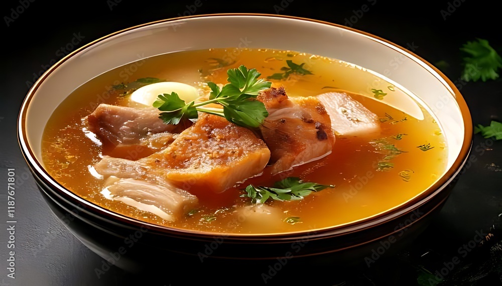 Rich and creamy pork bone broth displays swirling textures in a close-up. Rich and creamy pork bone broth displays swirling textures in a close-up.