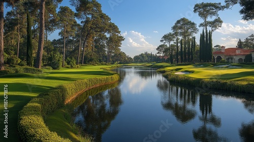 Serene golf course landscape with reflective lake and lush greenery