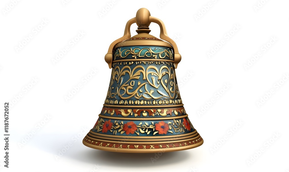 Ornate decorative bell with gold and blue enamel, floral design. Ornate decorative bell with gold and blue enamel, floral design.