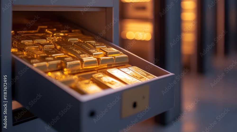 Open Deposit Box with Glittering Gold Bars Inside in a Secure Vault with Bright Artificial Lighting and Medium Focus for Stock Photography
