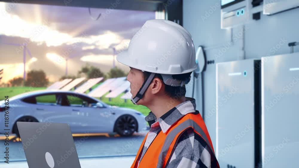 Close Up Side View Of Asian Male Engineer With Safety Helmet Working On A Laptop And Looking Around While Standing With Home Energy Storage System In a Modern Garage Close Up Side View Of Asian Male Engineer With Safety Helmet Working On A Laptop And Looking Around While Standing With Home Energy Storage System In a Modern Garage