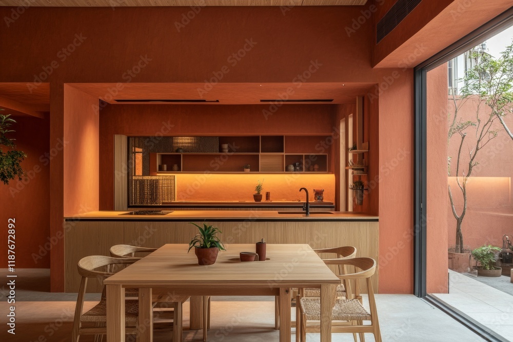 Modern minimalist kitchen and dining area with warm earth tones and natural light Modern minimalist kitchen and dining area with warm earth tones and natural light