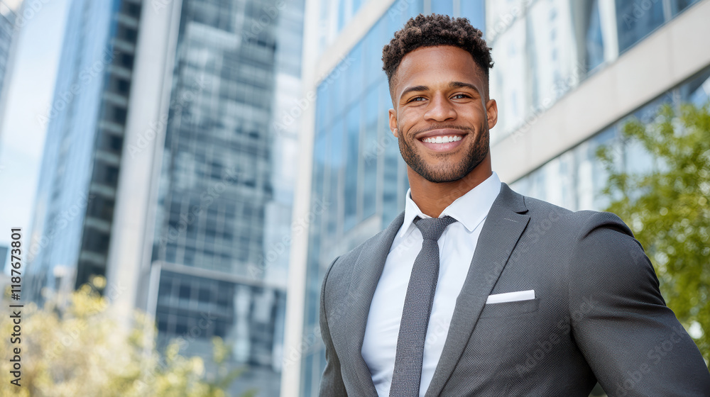confident man in suit smiling in urban setting with skyscrapers confident man in suit smiling in urban setting with skyscrapers