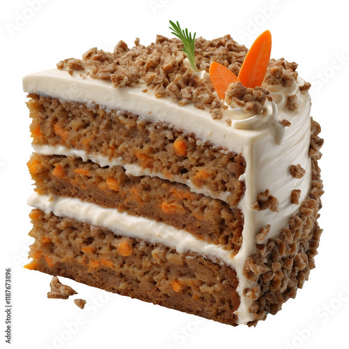 Layered Carrot Cake Slice: Creamy Frosting, Nut Topping, Rustic Charm  isolated on transparent background Generative Ai. photo