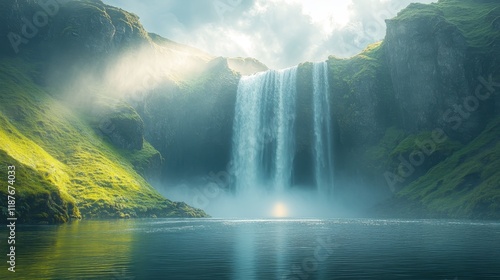 Majestic waterfall cascading into misty lagoon surrounded by lush green cliffs photo