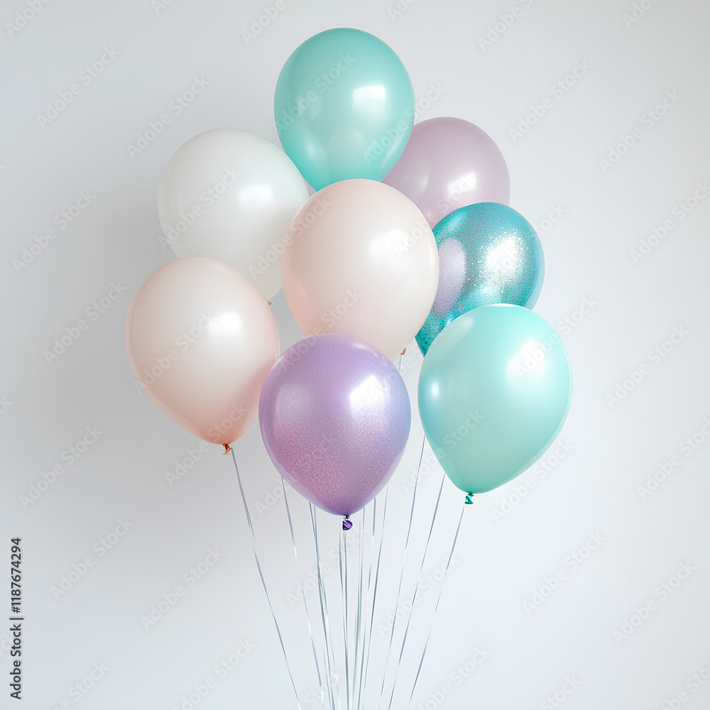 A bunch of pastel-colored balloons, floating against a white background. A bunch of pastel-colored balloons, floating against a white background.