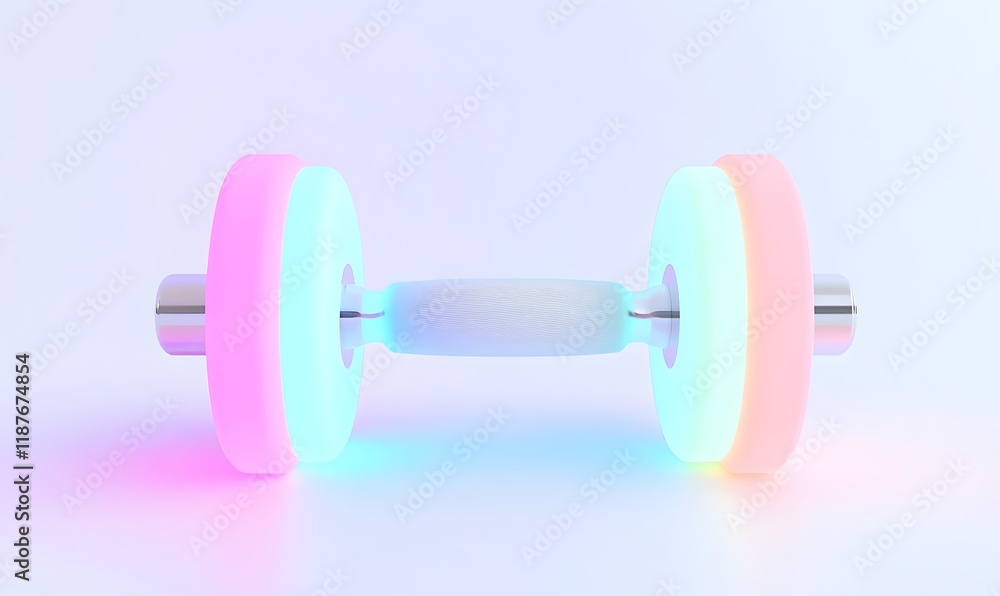 Obraz premium Pastel-colored dumbbell with glowing ends on white background.