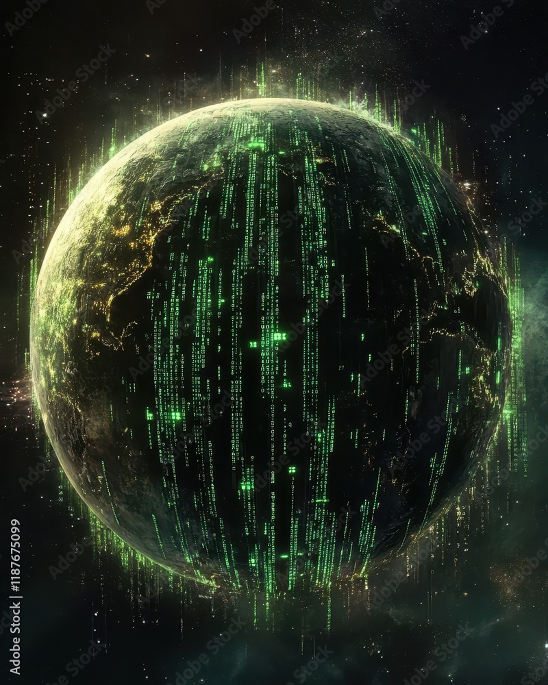 Obraz premium Digital Planet Green Code Streams Across Cosmos