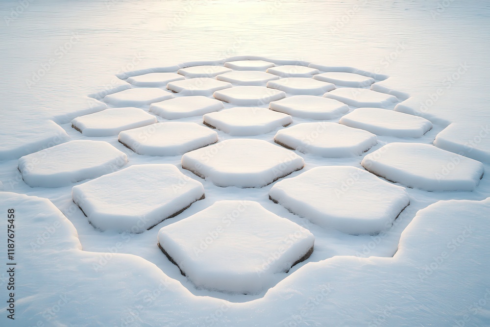 Fototapeta premium Snow-covered geometric pattern on frozen lake surface