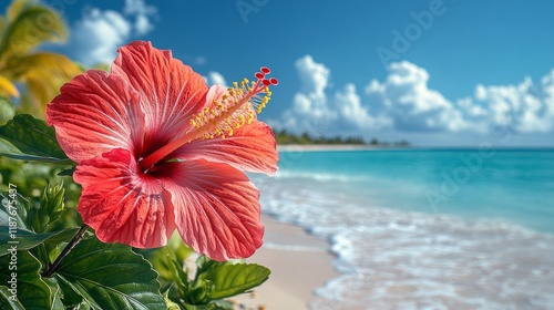 Vibrant red hibiscus blooming on tropical beach with azure ocean and blue sky photo