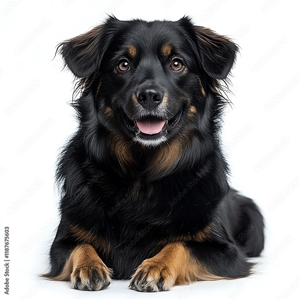 Happy dog lying, studio shot, white background, pet adoption Happy dog lying, studio shot, white background, pet adoption