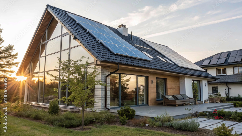 Solar panels on the roof of a beautiful modern home,blue, sunlight, window, bungalow Solar panels on the roof of a beautiful modern home,blue, sunlight, window, bungalow