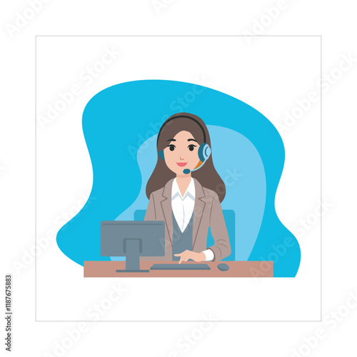 Call Center Woman Vector Illustration, Flat Design Character