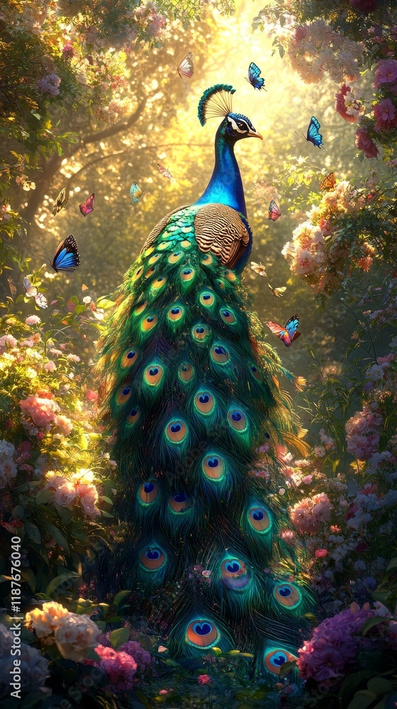 custom made wallpaper toronto digitalMajestic peacock with vibrant plumage amidst blossoming garden