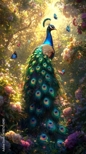 Wallpaper Mural Majestic peacock with vibrant plumage amidst blossoming garden Torontodigital.ca