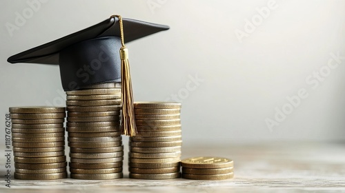 Education costs comparison by school level and university with graduation cap on coins, scholarship and loan concepts photo