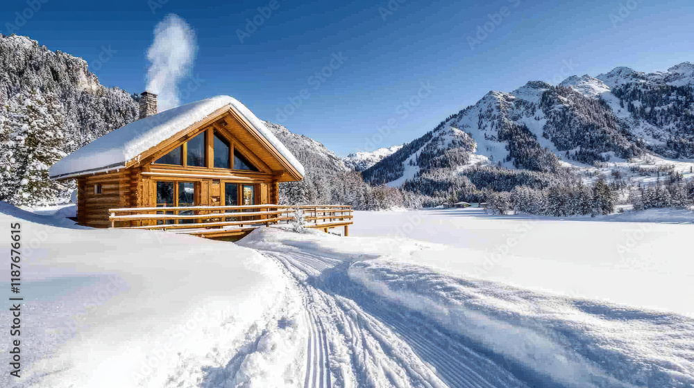 cozy cabin in snowy mountain landscape with smoke from chimney cozy cabin in snowy mountain landscape with smoke from chimney