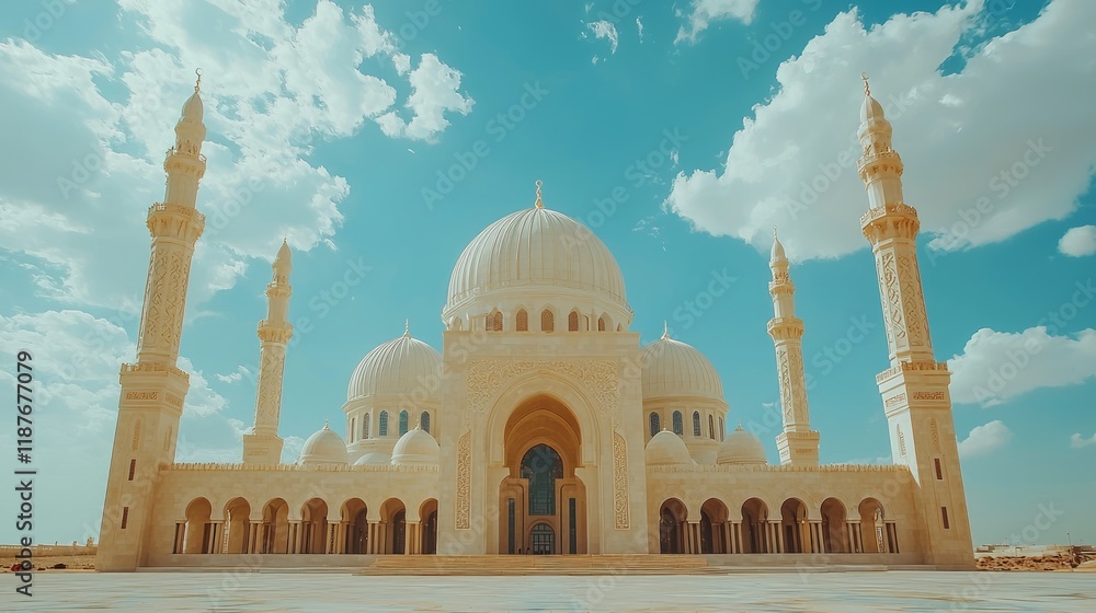 Fototapeta premium Majestic mosque under sunny sky, desert background; religious tourism