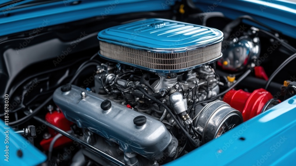 Fototapeta premium Detailed View of Engine with Blue Air Filter in Classic Car Showcase