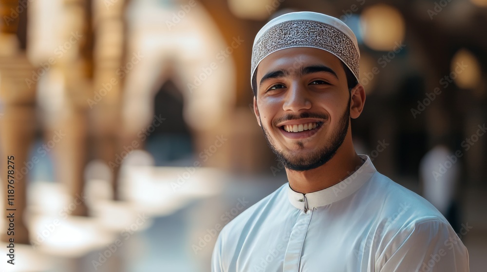 Young caucasian male in traditional attire smiling outdoors in sunlit courtyard Young caucasian male in traditional attire smiling outdoors in sunlit courtyard