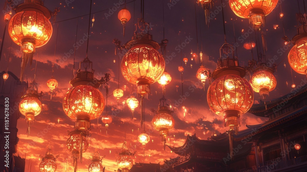 Glowing Lanterns Illuminate Asian Cityscape at Sunset Glowing Lanterns Illuminate Asian Cityscape at Sunset