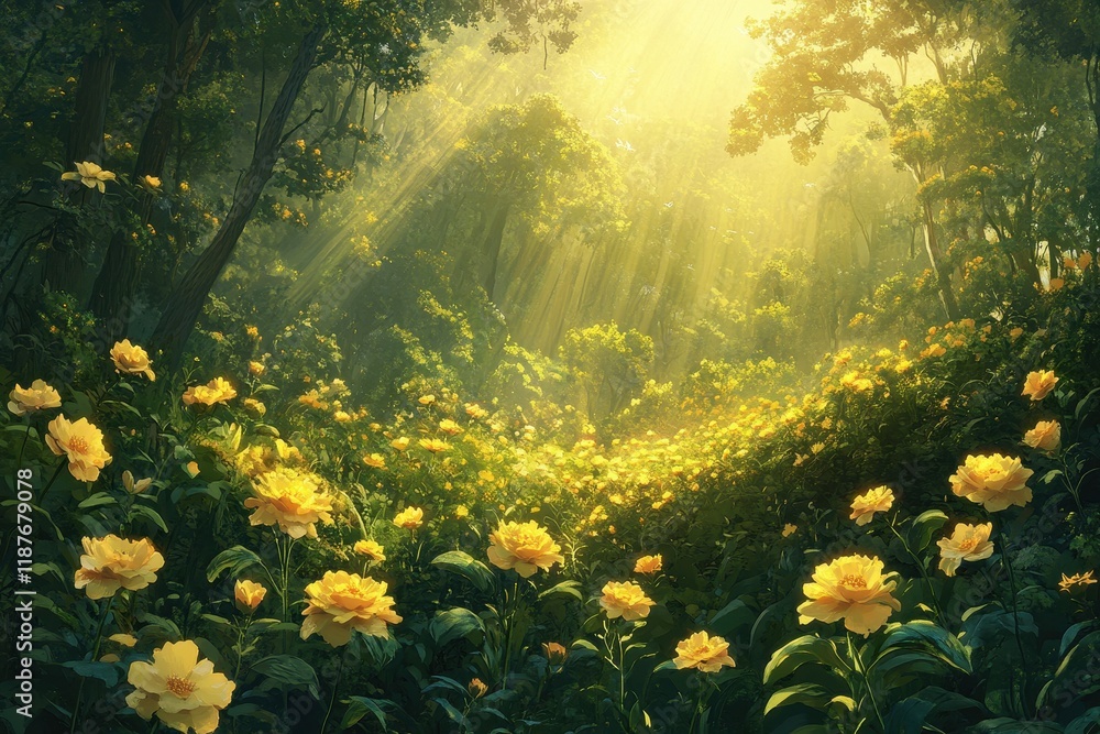 Obraz premium Sunlit forest clearing with yellow flowers. Ideal for illustrating peace, tranquility, or nature themes.