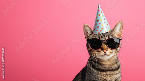 Playful cat wearing party hat and sunglasses, happy anniversary celebration scene in panoramic layout photo