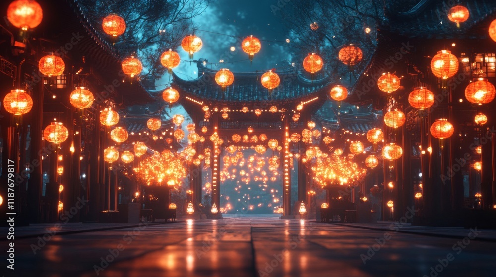 Illuminated Pathway Through Asian Lanterns at Night Illuminated Pathway Through Asian Lanterns at Night