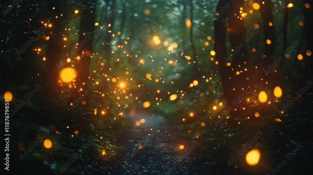 Obraz premium Enchanting fireflies illuminate a mystical forest pathway at dusk