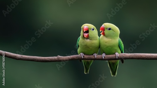 Two Green Parakeets Perched on a Branch, Chirping