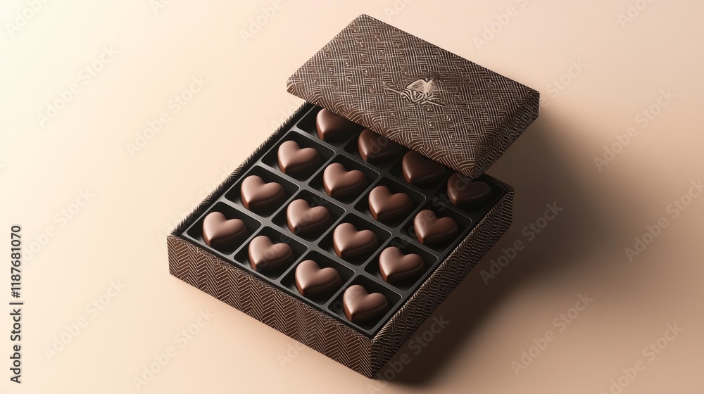 Heart-shaped chocolate box with open lid on beige background Heart-shaped chocolate box with open lid on beige background