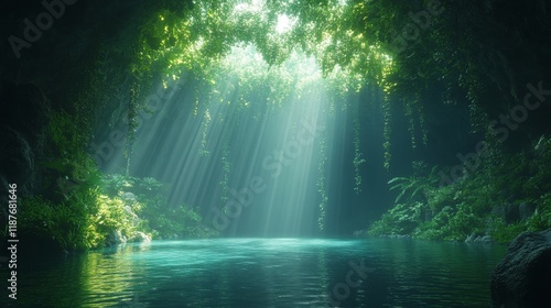 Lush tropical cave with sunbeams and clear lagoon