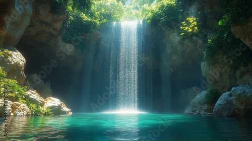 Majestic waterfall cascading into a serene tropical lagoon surrounded by lush greenery © Atmospheric stock