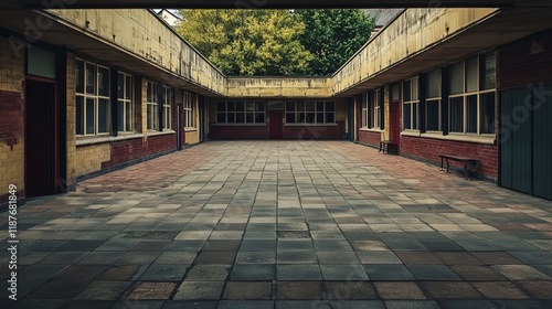 Wallpaper Mural Quiet empty school courtyard with desolate pathways and abandoned benches Torontodigital.ca