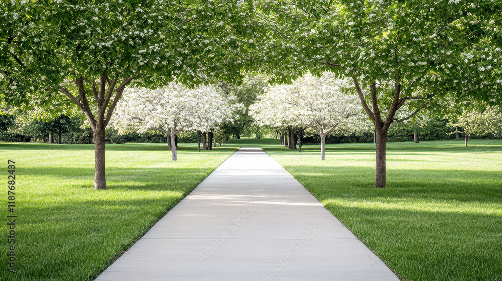serene pathway lined with flowering trees in lush green park serene pathway lined with flowering trees in lush green park