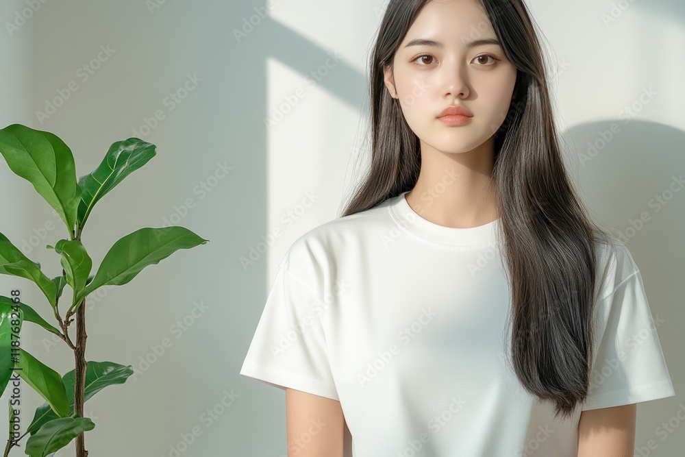 Professional branding mockup of white women's t-shirt with aesthetic design and round neckline Professional branding mockup of white women's t-shirt with aesthetic design and round neckline