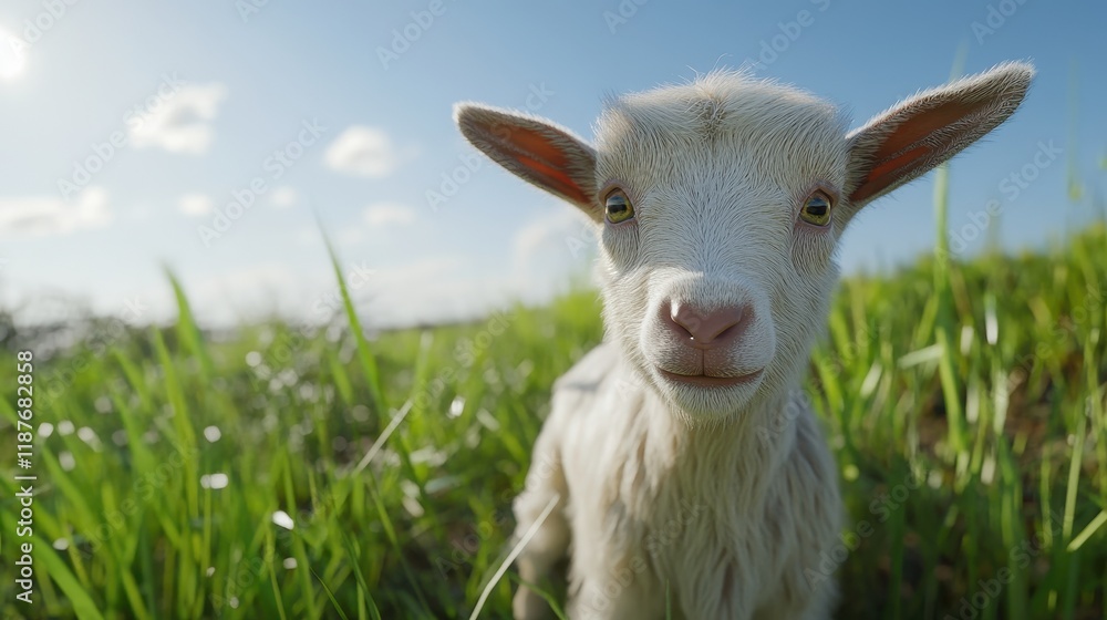 Adorable white goat kid in green pasture, sunny day. Perfect for illustrating springtime, nature, or animal themes. Adorable white goat kid in green pasture, sunny day. Perfect for illustrating springtime, nature, or animal themes.