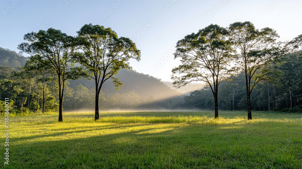 Fototapeta premium serene forest at dawn with mist and sunlight filtering through trees