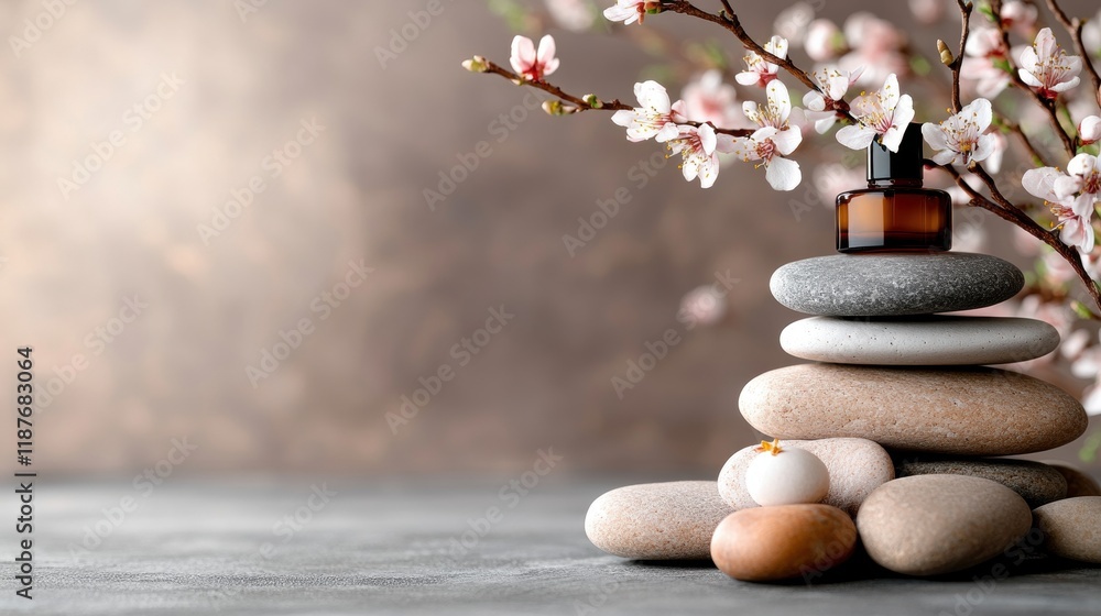 Bottle of essential oil with smooth stones arranged on a wooden table background Bottle of essential oil with smooth stones arranged on a wooden table background