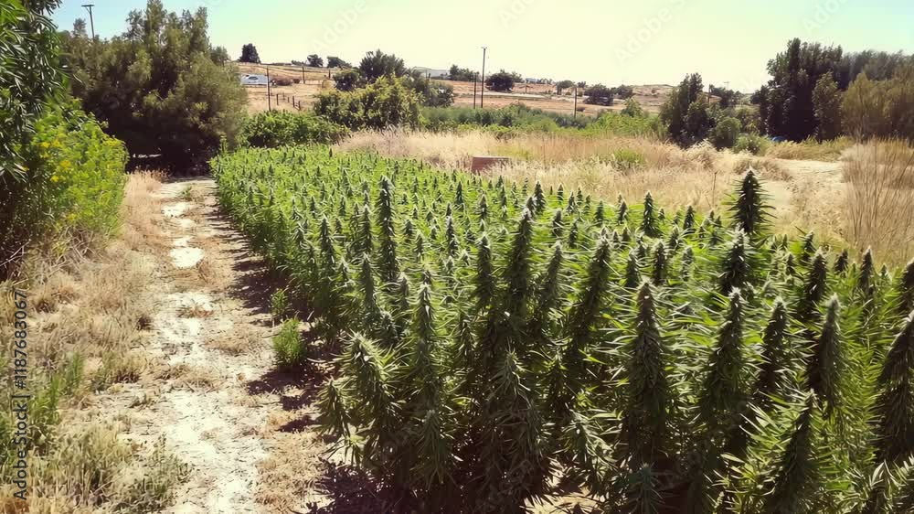 Lush green cannabis plants thriving in a rural field under a bright sun