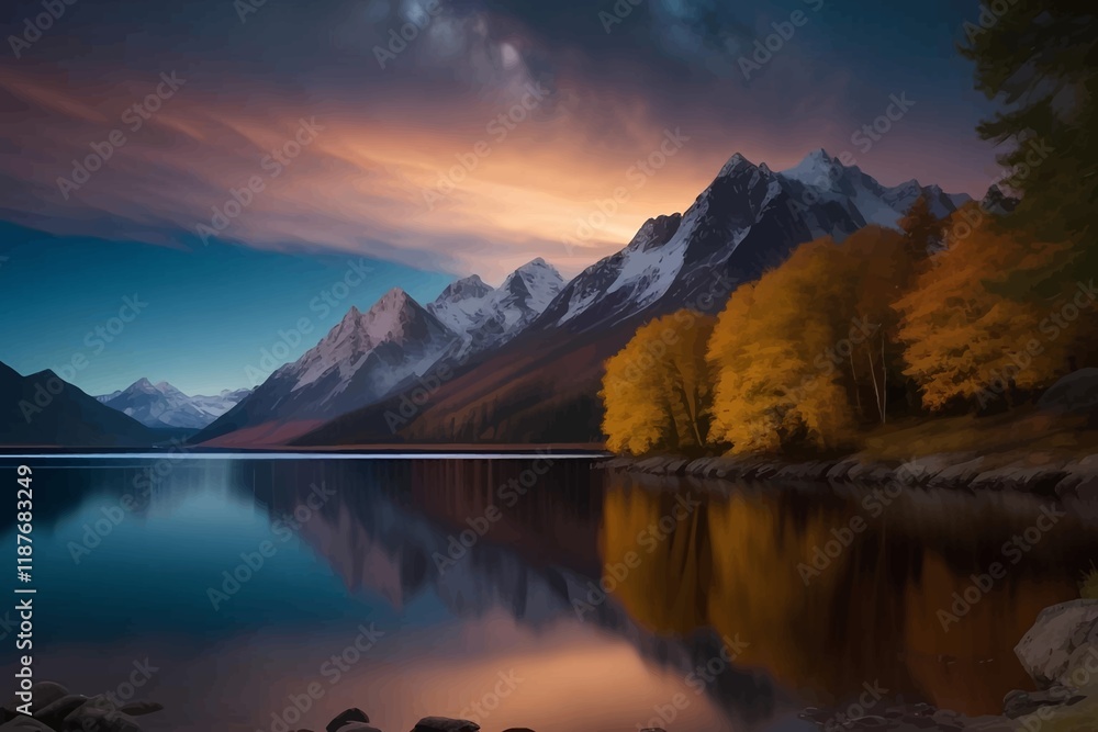 Fototapeta premium Beautiful and Peaceful Nature Scenery Illustration Landscape Countryside Tranquil Vibrant and Colorful