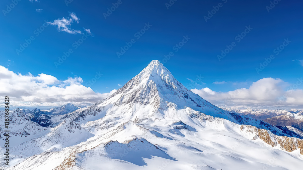 Majestic snowy mountain peak under clear blue sky with clouds Majestic snowy mountain peak under clear blue sky with clouds