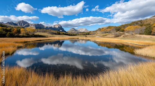 serene mountain lake reflecting clouds and autumn colors in nature
