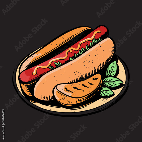 Hot Dog illustration line art with colorful