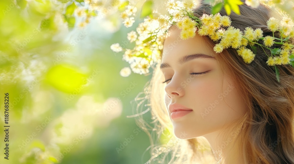 Fototapeta premium Woman in mimosa crown, mimosa blooming, beautiful woman portrait, young model, bright yellow