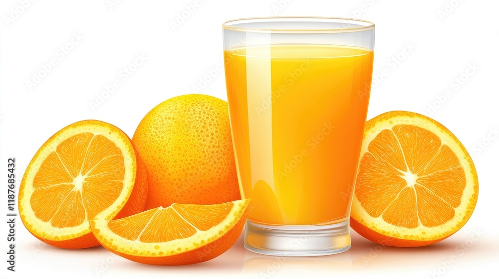 Glass of fresh orange juice with whole and sliced oranges. Glass of fresh orange juice with whole and sliced oranges.