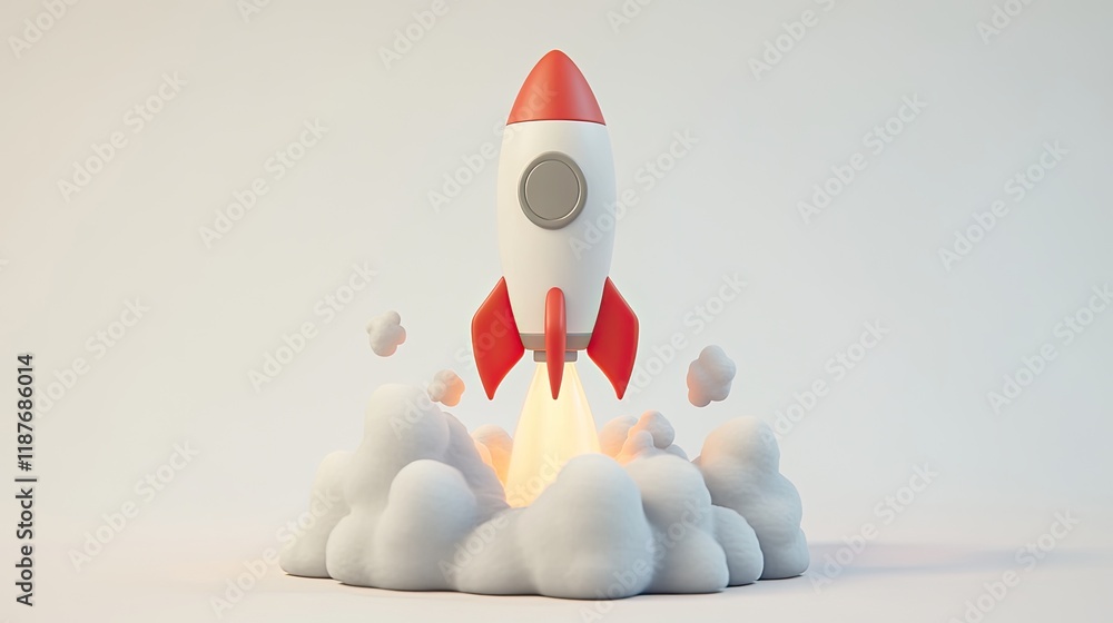 A cartoon rocket launching, surrounded by smoke, against a white background. A cartoon rocket launching, surrounded by smoke, against a white background.